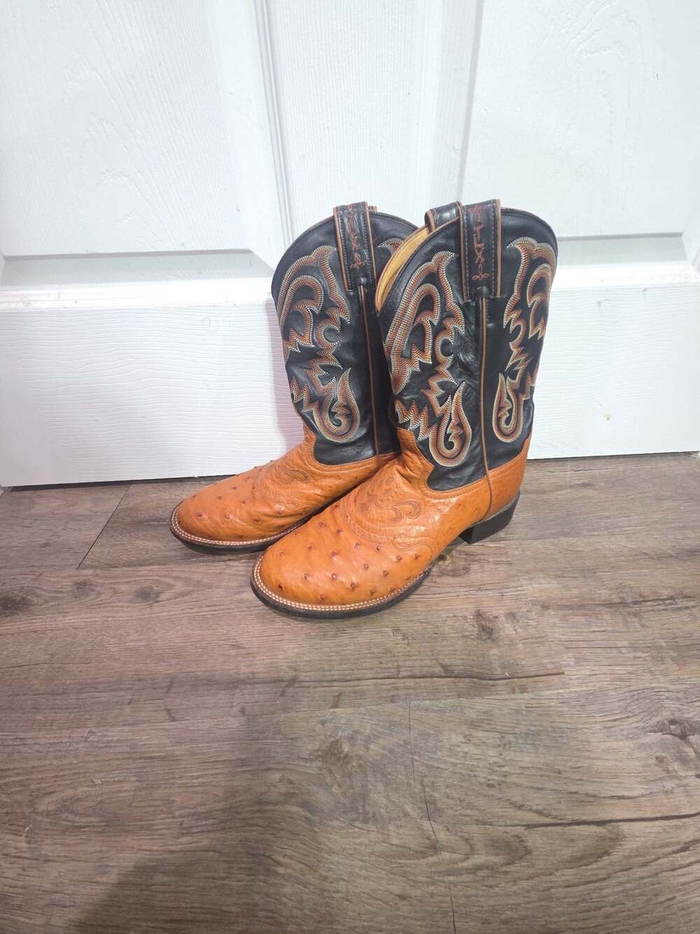 Tony Lama Western Boots Ostrich Leather Black Tan